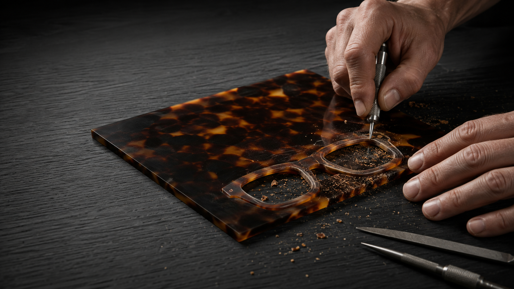 Trabajo manual de una montura sobre la plancha de acetato